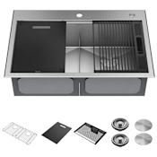 Delta Rivet 33” Workstation Kitchen Sink Top Mount Drop-In 16 Gauge Stainless Steel 50/50 Double Bowl with WorkFlow Ledge and Accessories Stainless Steel